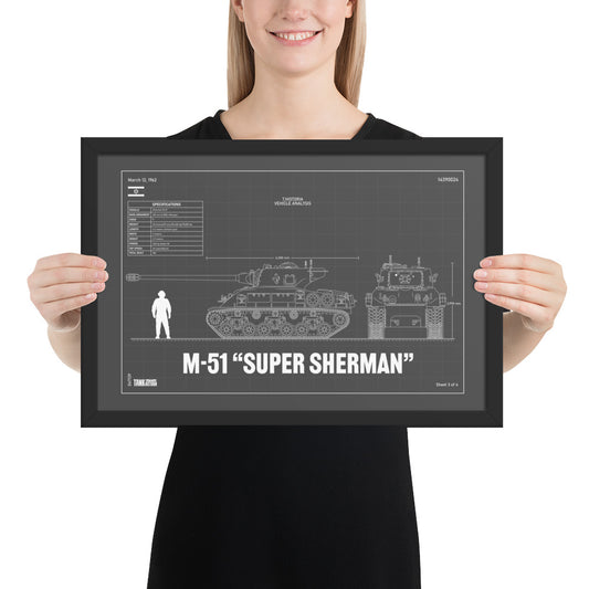 M-51 "Super Sherman" Blueprint Framed Poster 12" x 18"