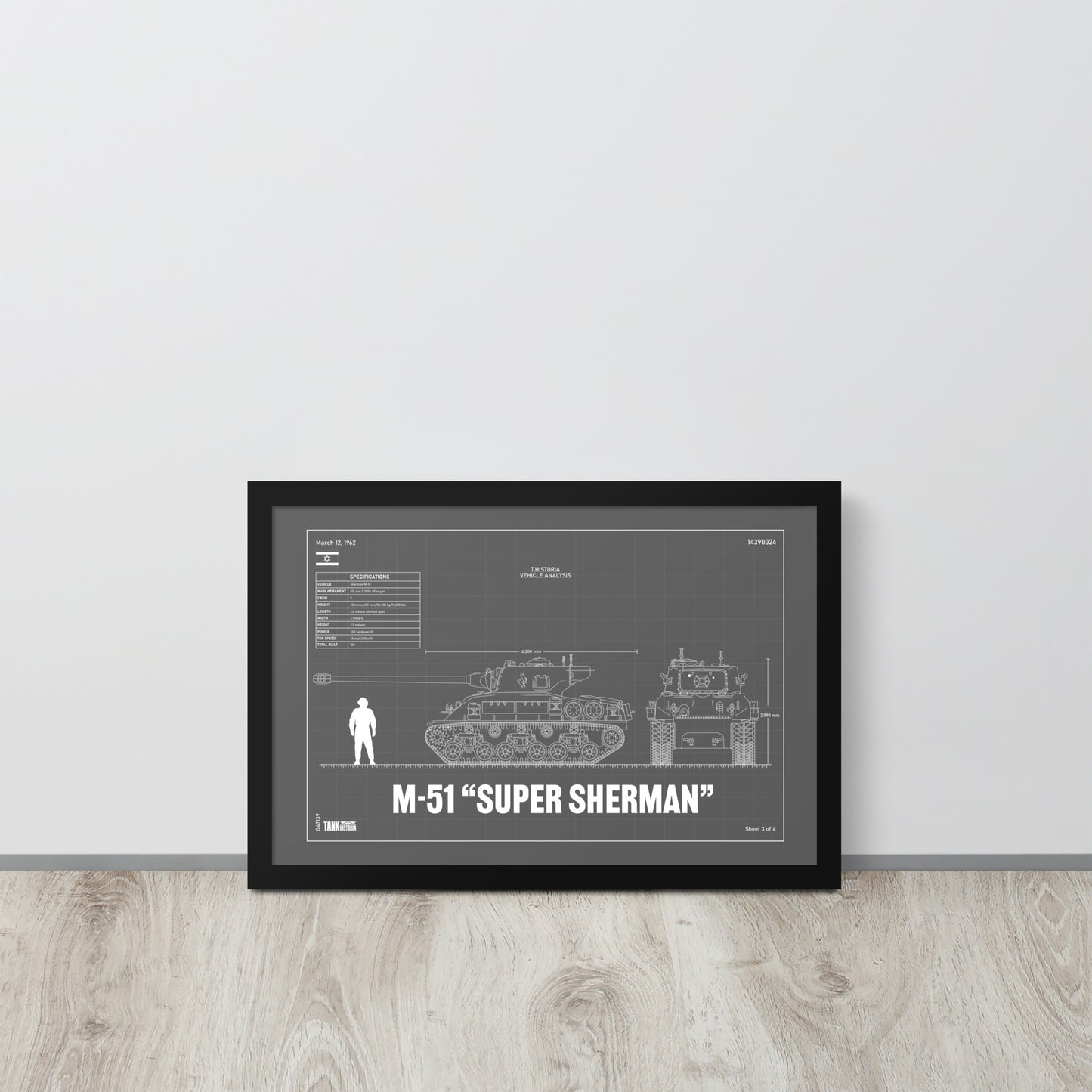 M-51 "Super Sherman" Blueprint Framed Poster 12" x 18"