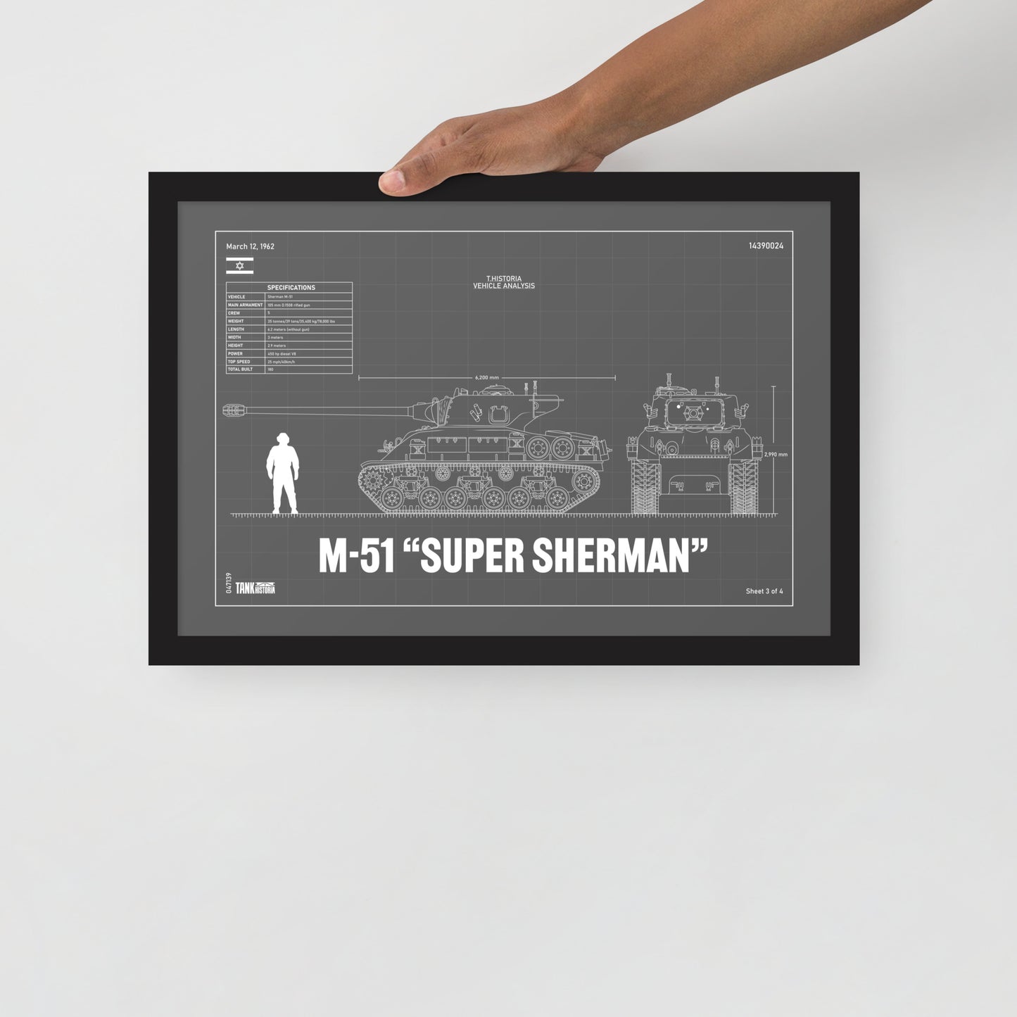 M-51 "Super Sherman" Blueprint Framed Poster 12" x 18"