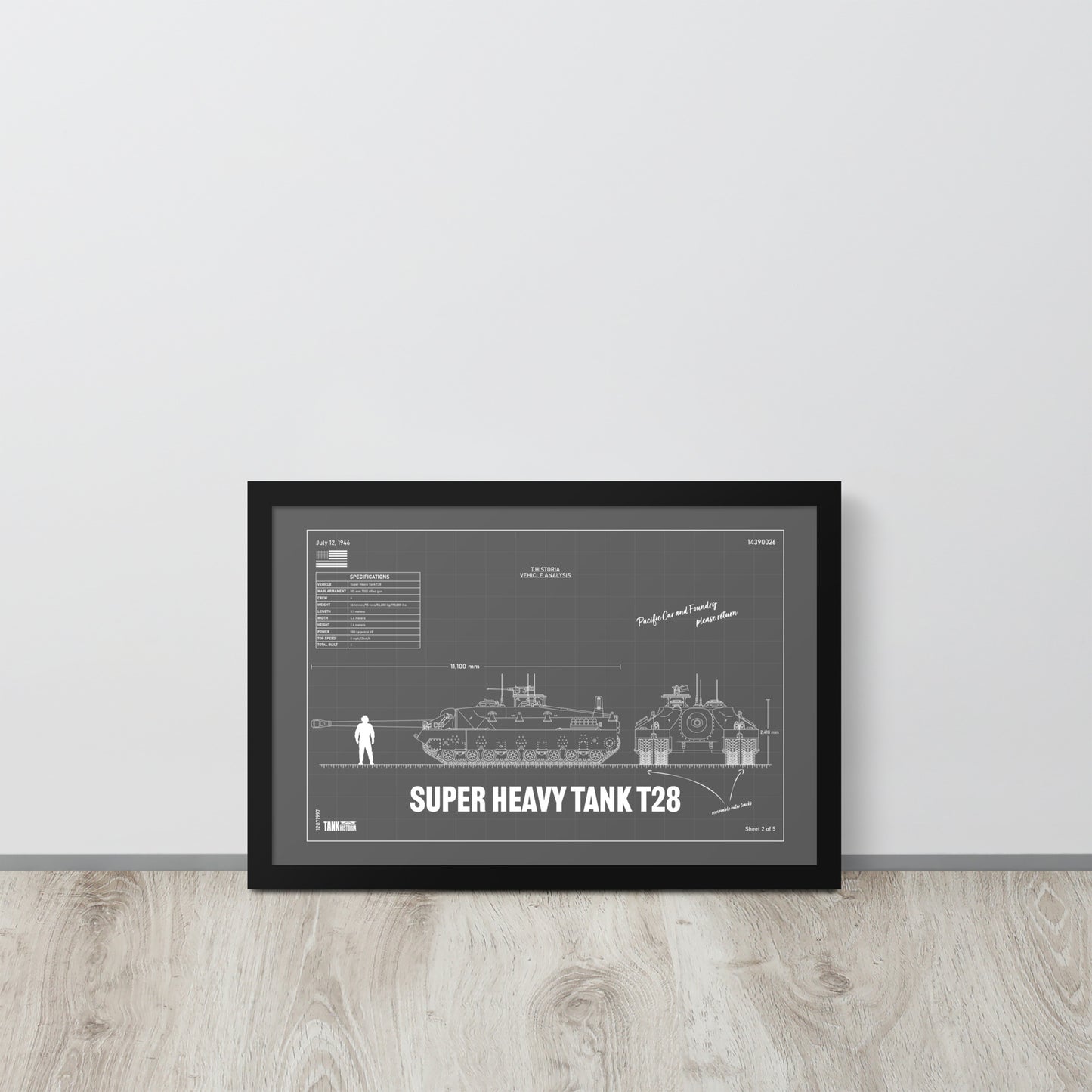 Super Heavy Tank T28 Blueprint Framed Poster 12" x 18"