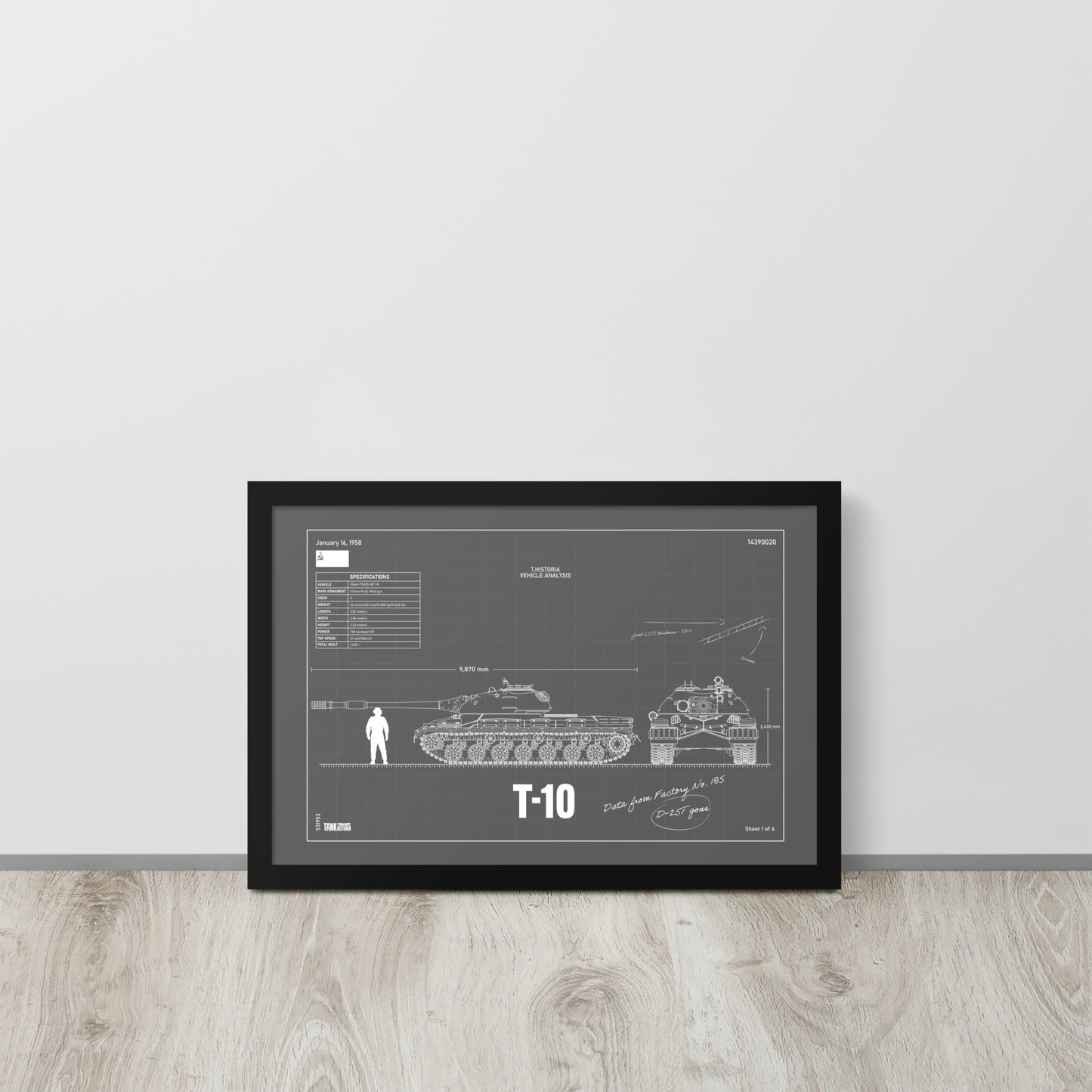 T-10 Blueprint Framed Poster 12" x 18"
