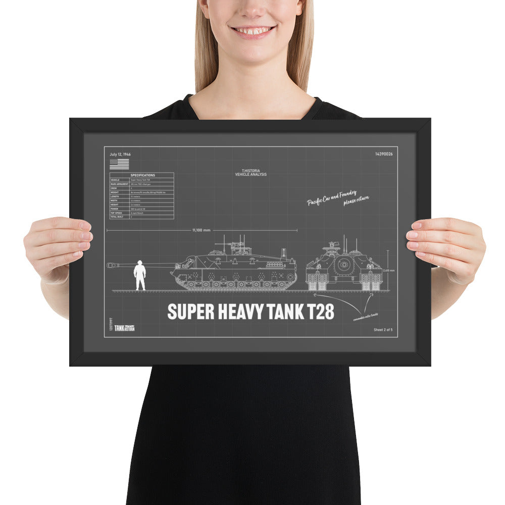 Super Heavy Tank T28 Blueprint Framed Poster 12" x 18"