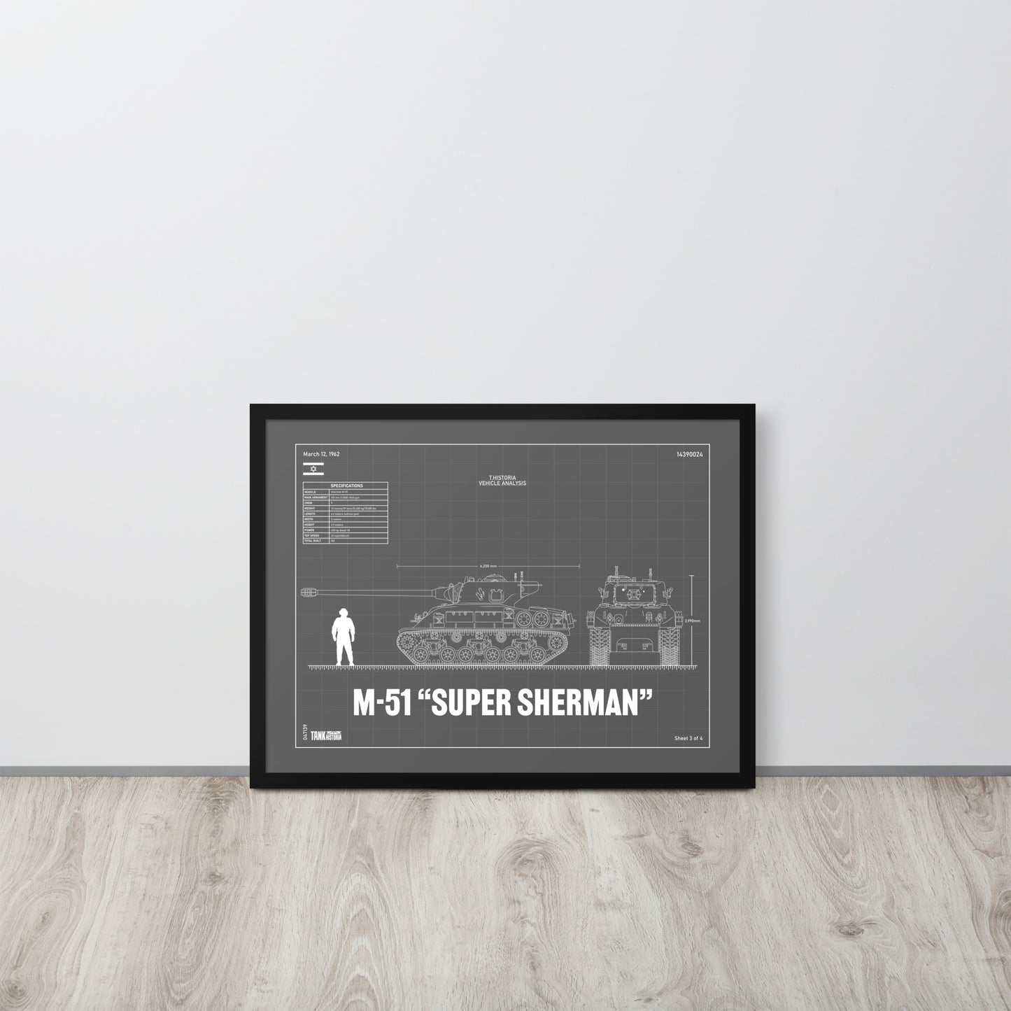 M-51 "Super Sherman" Blueprint Framed Poster 18" x 24"