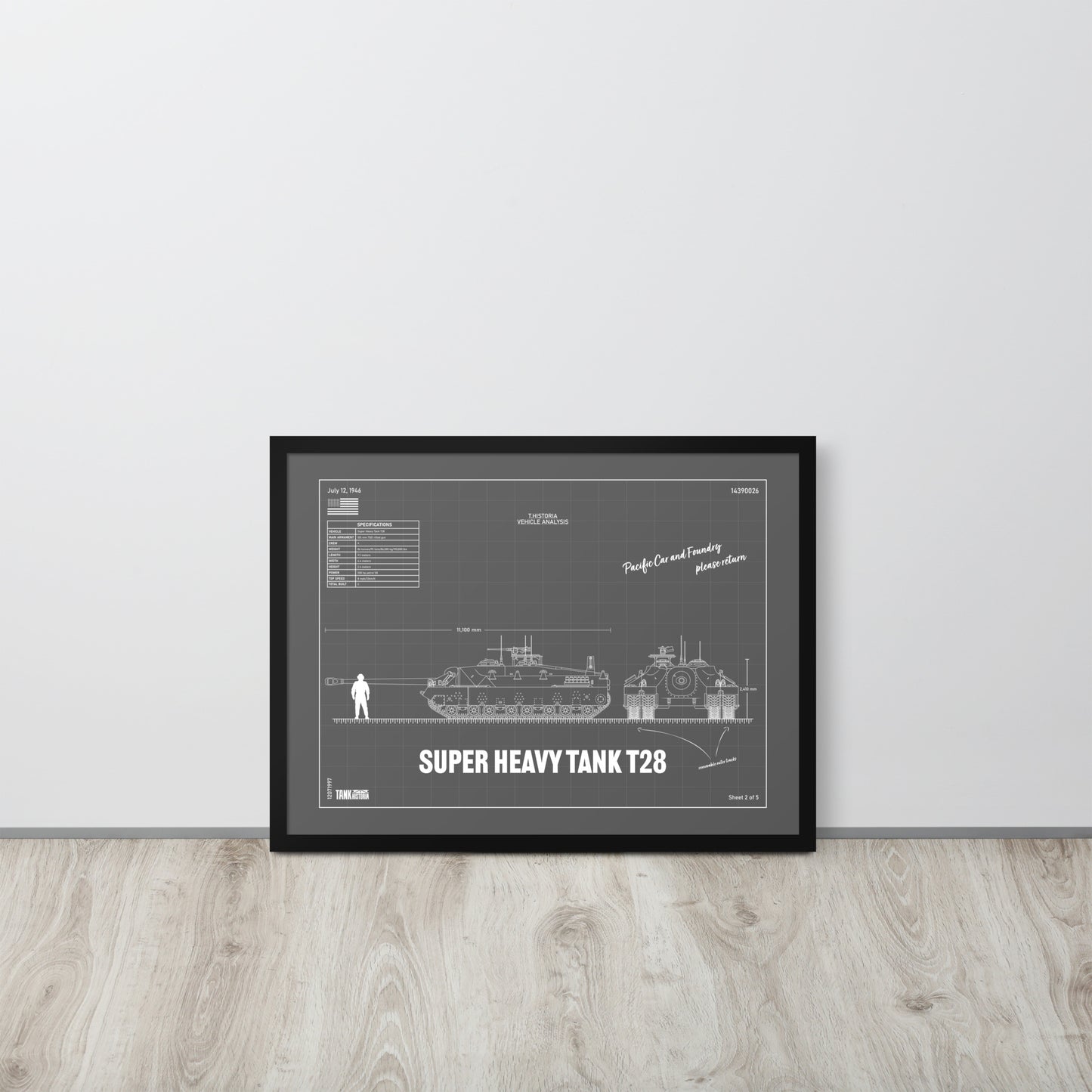 Super Heavy Tank T28 Blueprint Framed Poster 18" x 24"