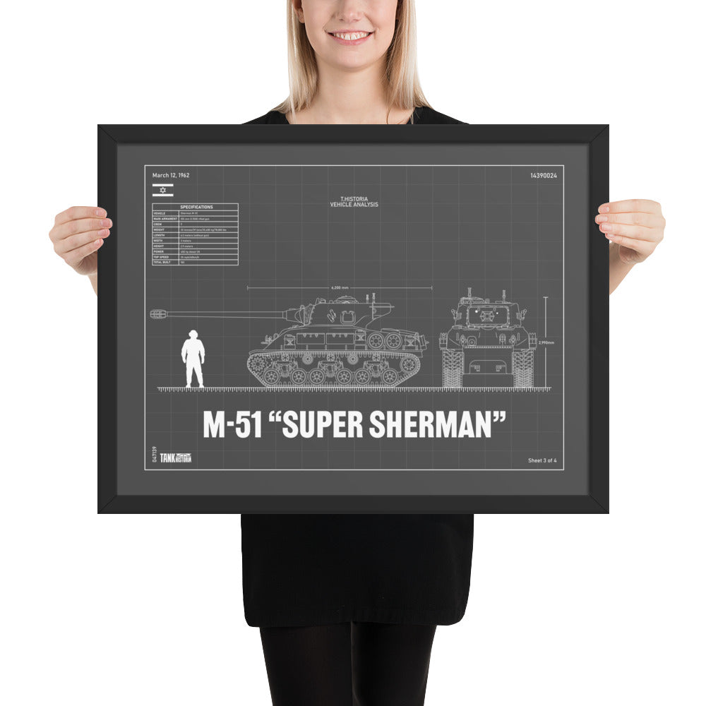 M-51 "Super Sherman" Blueprint Framed Poster 18" x 24"