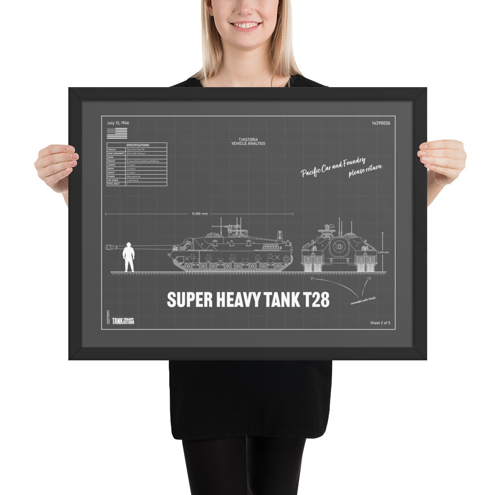 Super Heavy Tank T28 Blueprint Framed Poster 18" x 24"