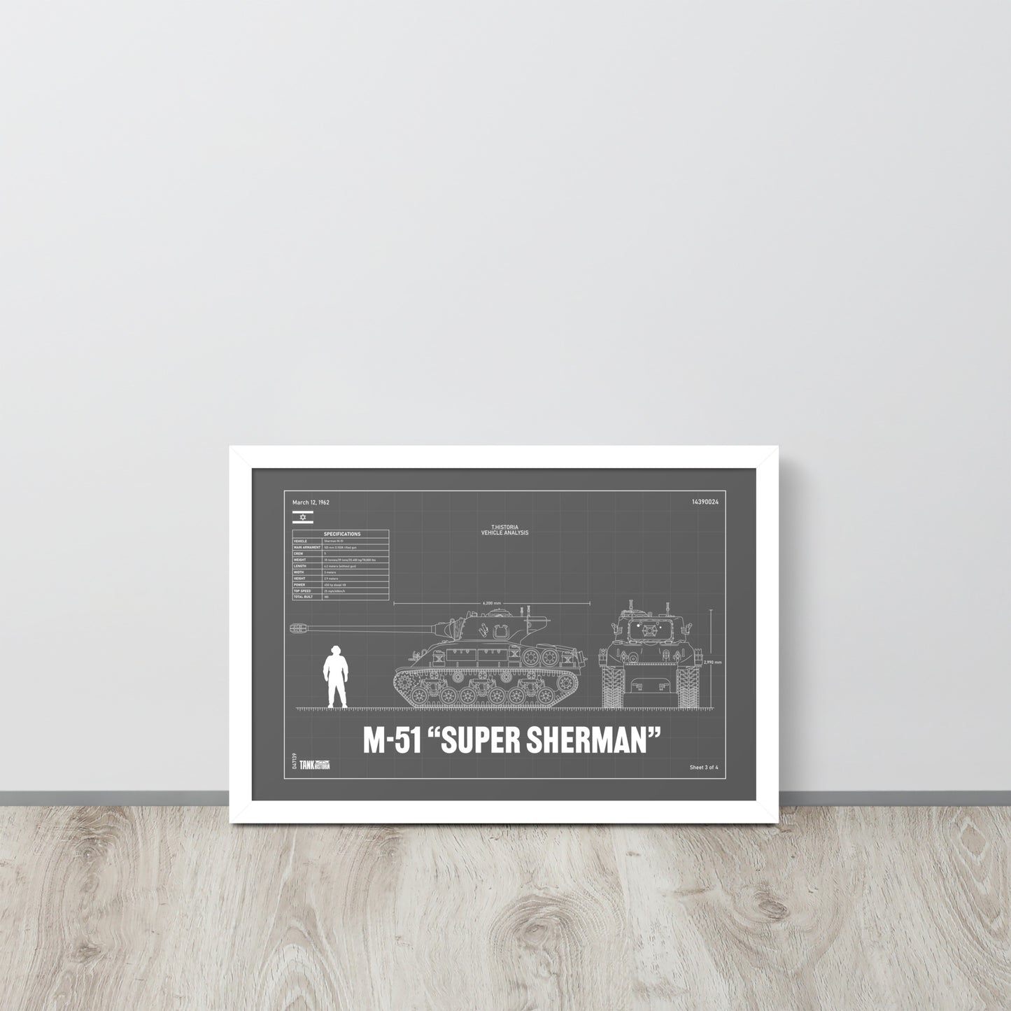 M-51 "Super Sherman" Blueprint Framed Poster 12" x 18"