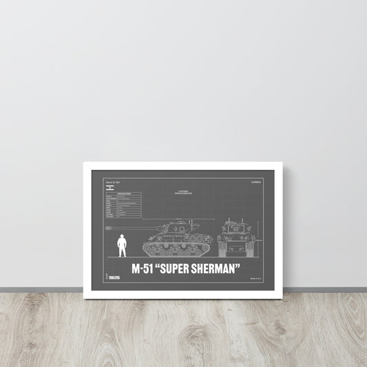 M-51 "Super Sherman" Blueprint Framed Poster 12" x 18"