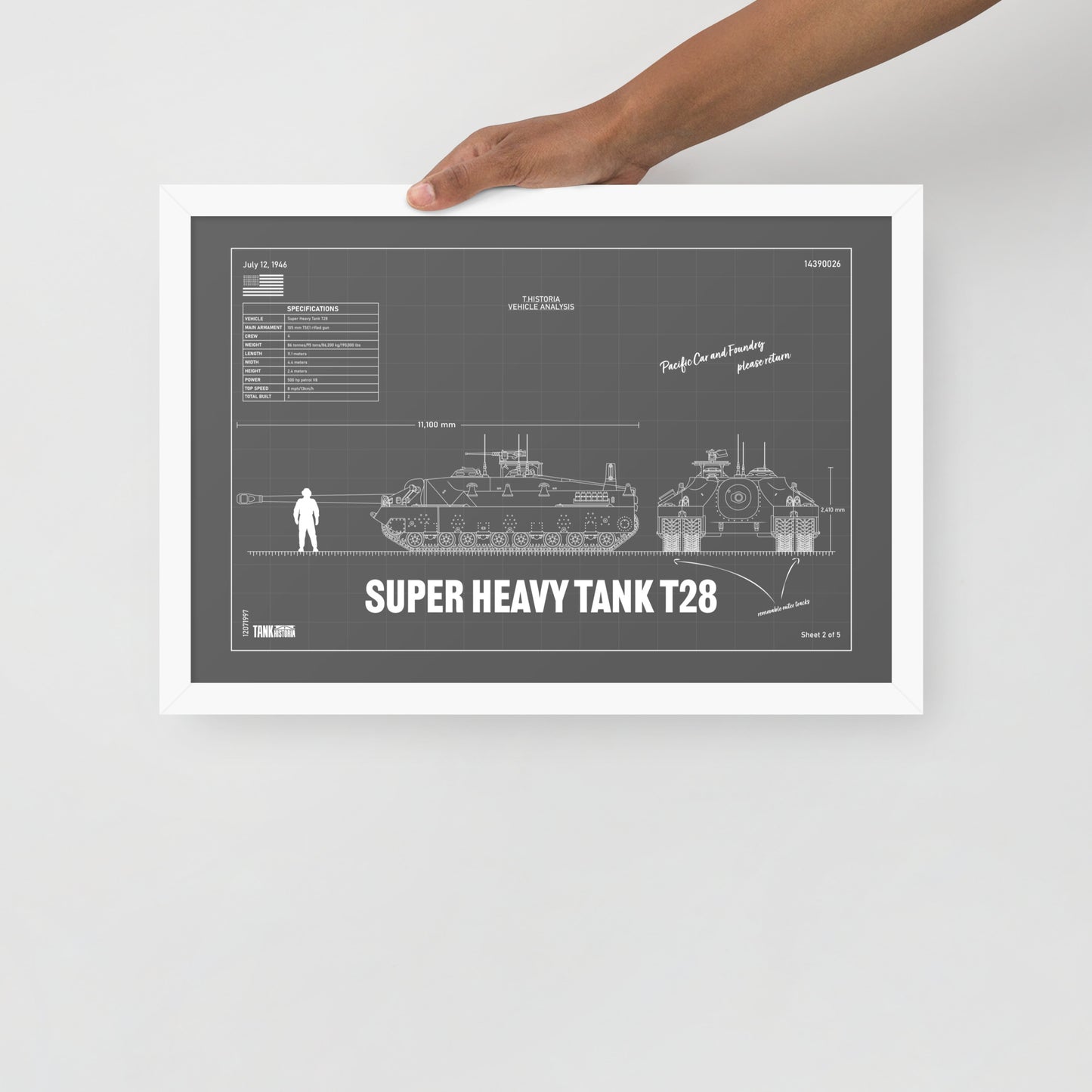 Super Heavy Tank T28 Blueprint Framed Poster 12" x 18"