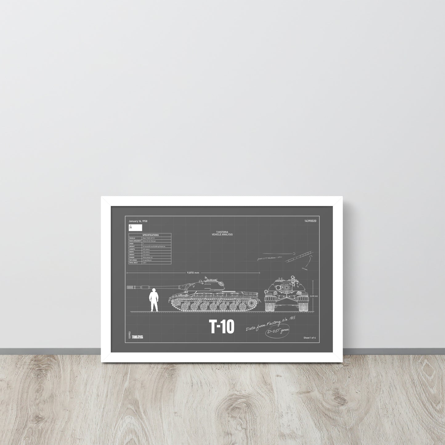 T-10 Blueprint Framed Poster 12" x 18"