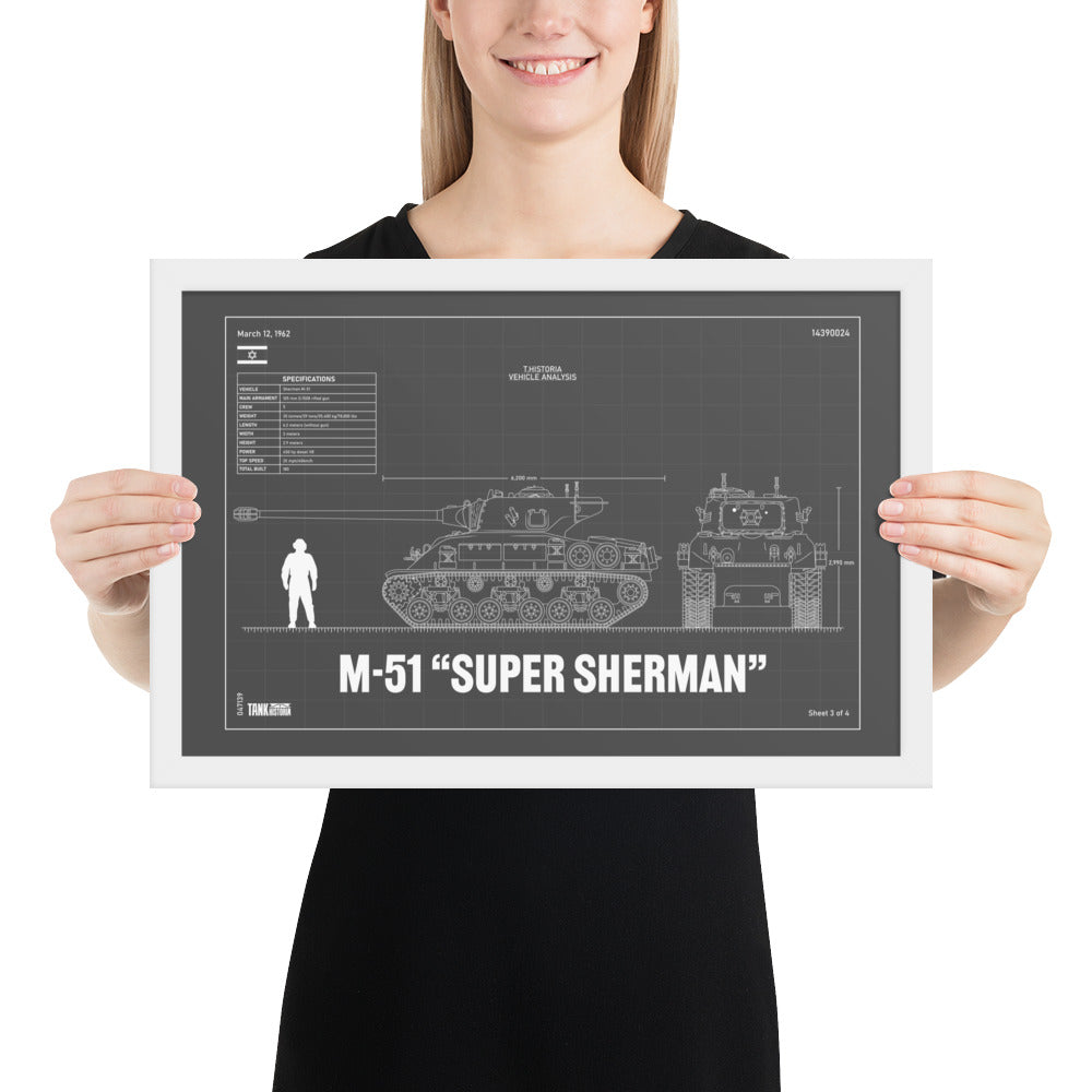 M-51 "Super Sherman" Blueprint Framed Poster 12" x 18"