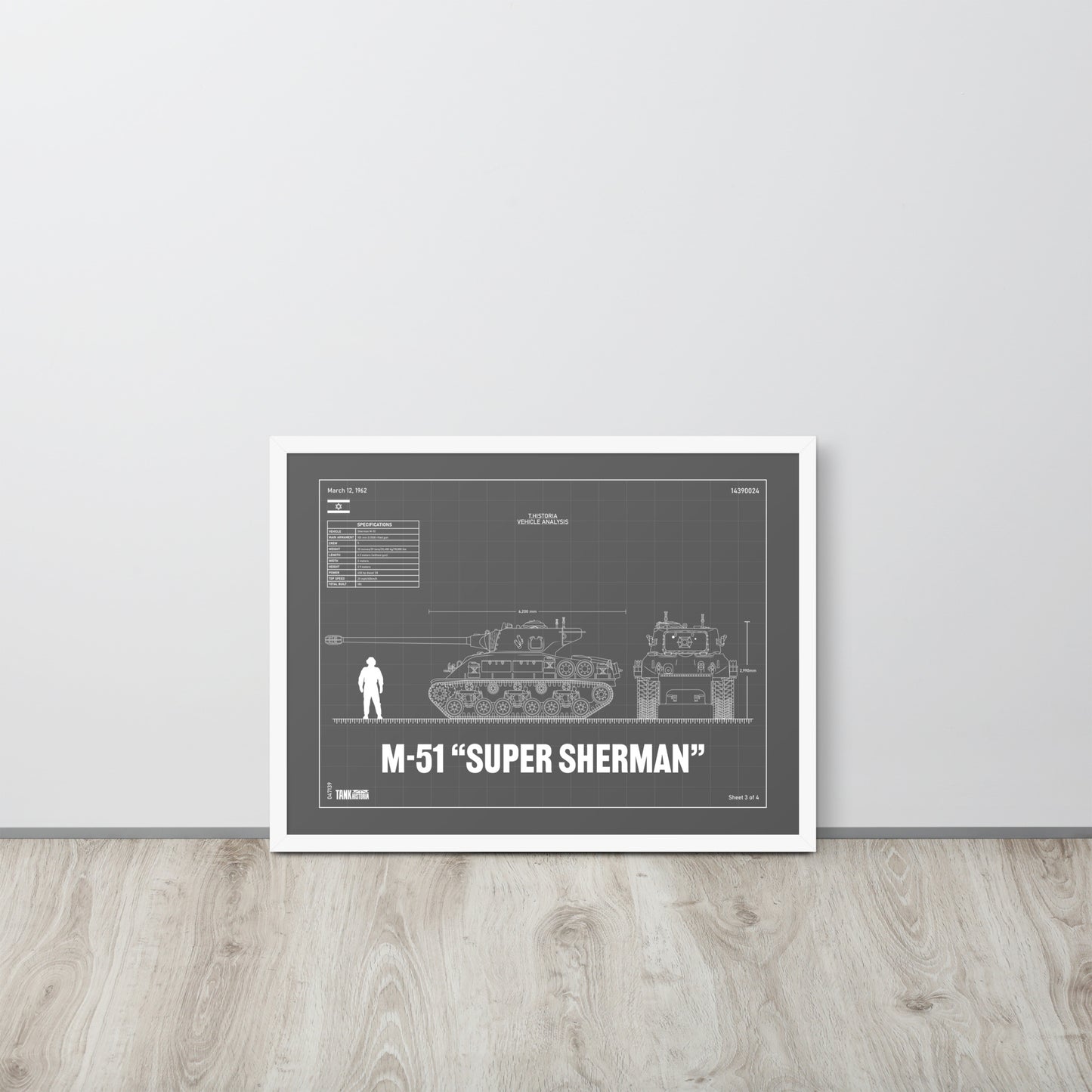 M-51 "Super Sherman" Blueprint Framed Poster 18" x 24"