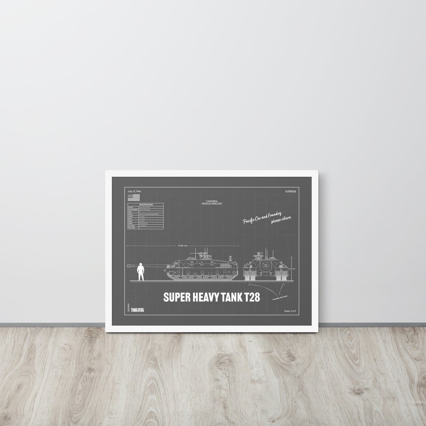Super Heavy Tank T28 Blueprint Framed Poster 18" x 24"
