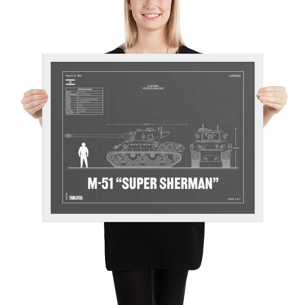M-51 "Super Sherman" Blueprint Framed Poster 18" x 24"