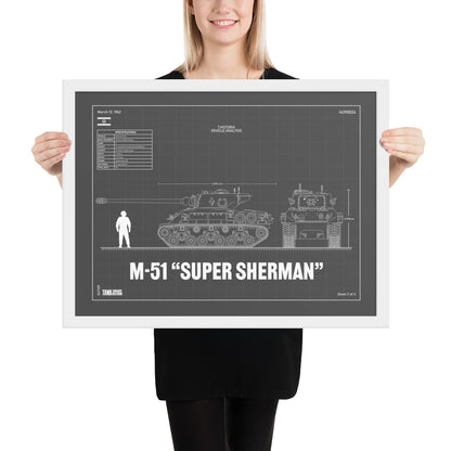M-51 "Super Sherman" Blueprint Framed Poster 18" x 24"